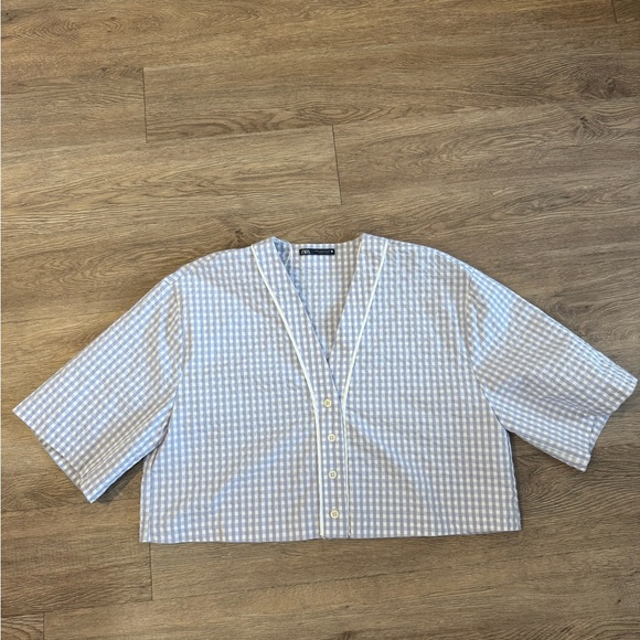 Zara Lavender and White Checkered V-Neck Blouse - Picture 1 of 4